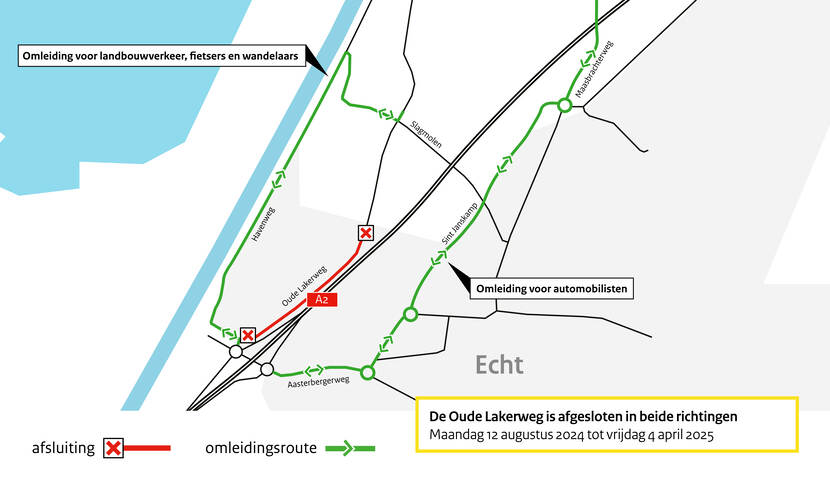 Omleidingskaart bij de afsluiting van de Oude Lakerweg vanaf 12 augustus 2024