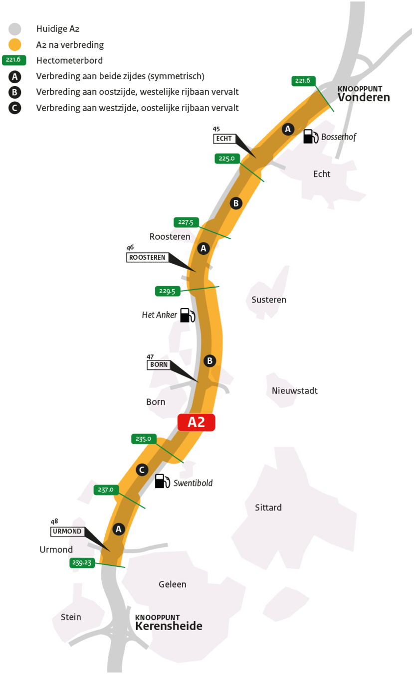 A2 Vonderen - Kerensheide kaart wegverbreding